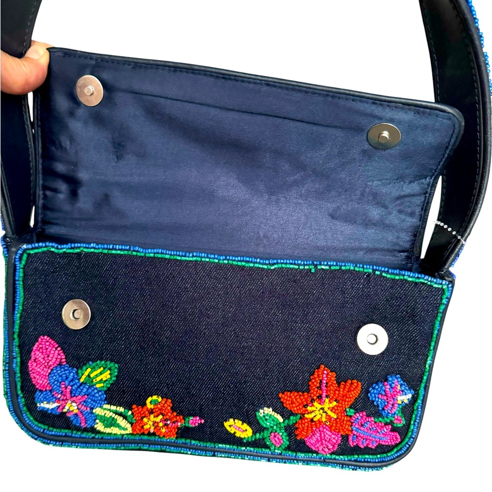 🆕 STAUD Tommy Shoulder Bag Floral Beaded Denim - Picture 11 of 17